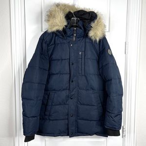 NOIZE Vegan Callum Parka Coat NEW With Removable Faux Fur Trim Hood Navy L